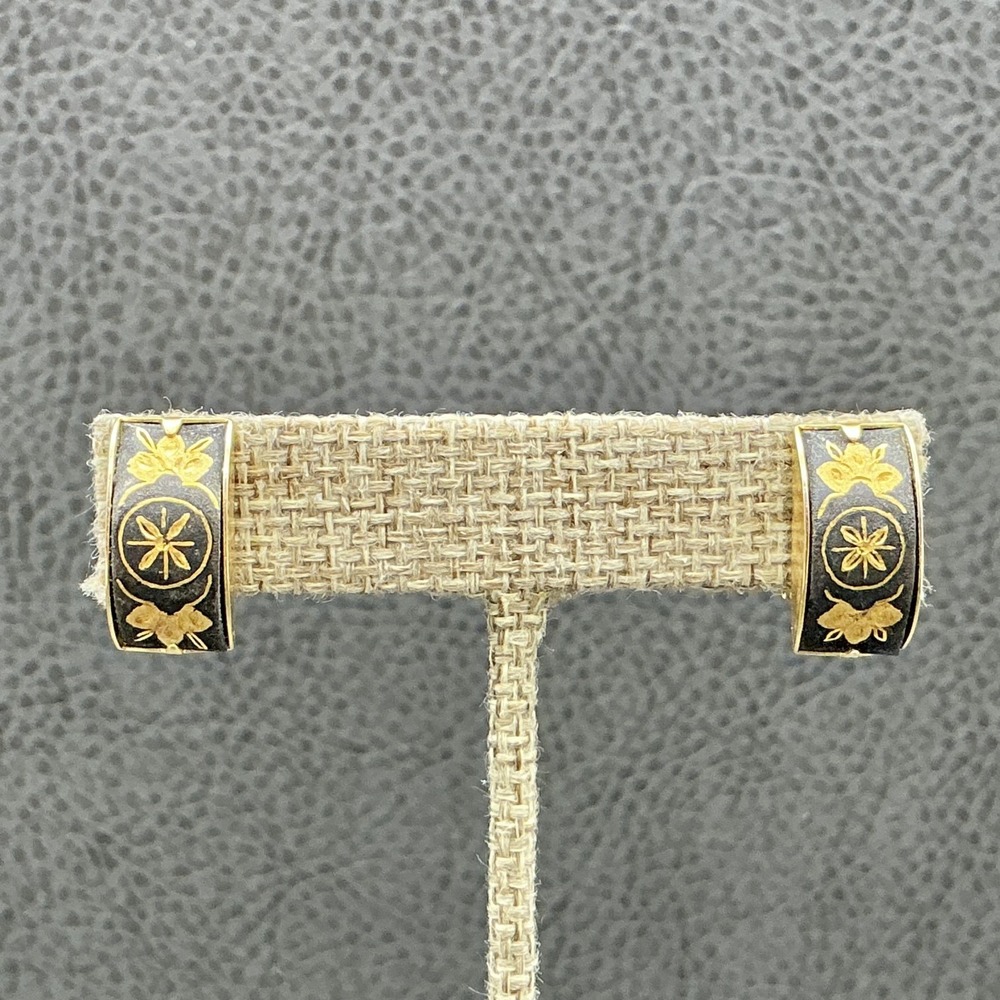 Vintage Damascene Earrings Clip On Black Gold Tone Floral Stud‎ 3/4 Inch Drop